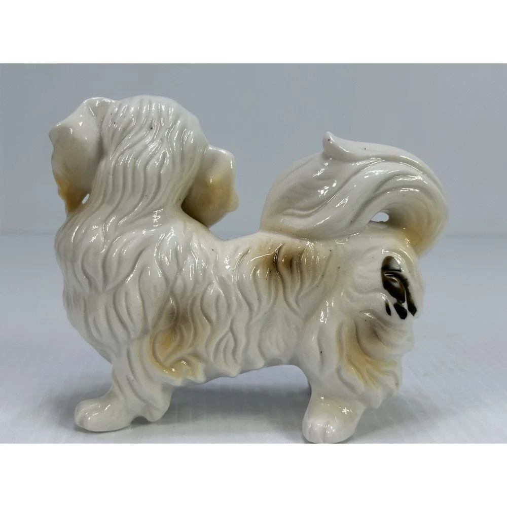 Vintage Dog Figurine Ceramic Porcelain White Tan Long Hair Toy Breed 6